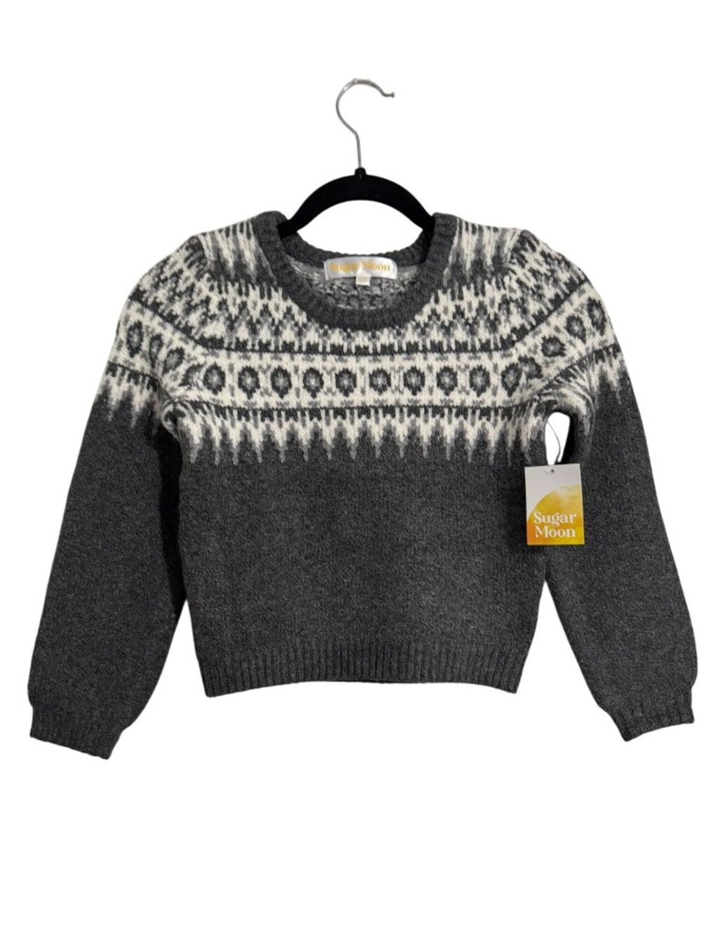 Sugar Moon Kids Fair Isle Sweater L (10-12) Gray & White Wool Blend Winter Knitw